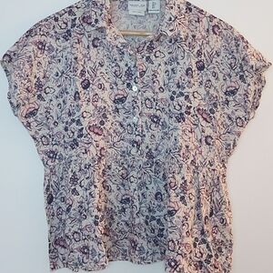 Rachel Zoe 100% Linen Navy and Pink Floral Peplum Top Size S